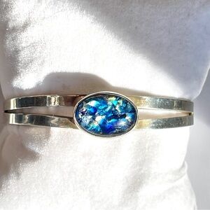 Vintage Taxco Sterling Silver and Brilliant Blue Dichroic Glass Cuff Bracelet